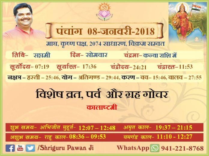 Panchang 2018 january, Shriguru Pawanji, Today's Panchang