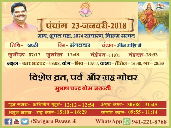 Panchang 2018 january, Shriguru Pawanji, Today's Panchang