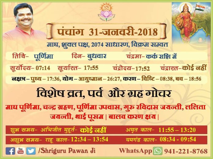 Panchang 2018 january, Shriguru Pawanji, Today's Panchang