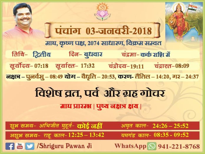 Panchang 2018 january, Shriguru Pawanji, Today's Panchang