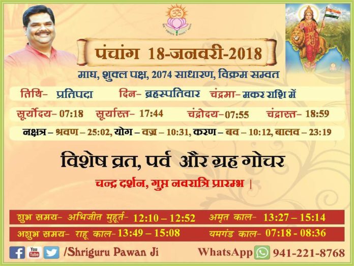 Panchang 2018 january, Shriguru Pawanji, Today's Panchang