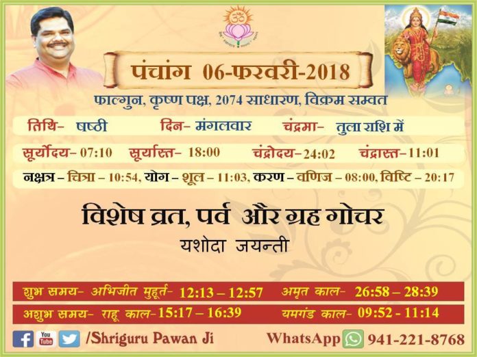 Panchang 2018 january, Shriguru Pawanji, Today's Panchang