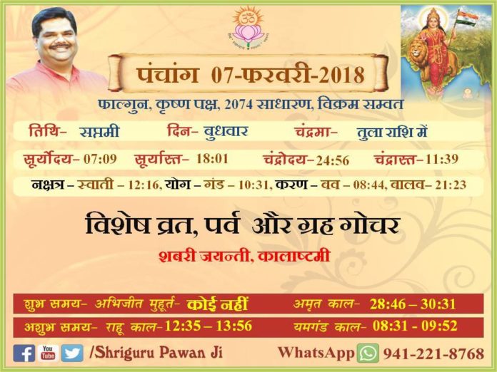 Panchang 2018 january, Shriguru Pawanji, Today's Panchang