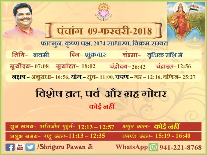 Panchang 2018 january, Shriguru Pawanji, Today's Panchang