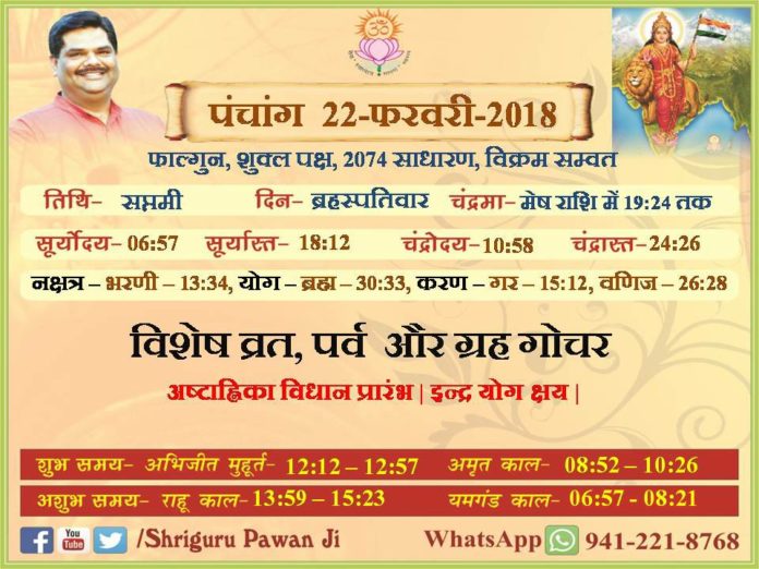 Panchang 2018 january, Shriguru Pawanji, Today's Panchang