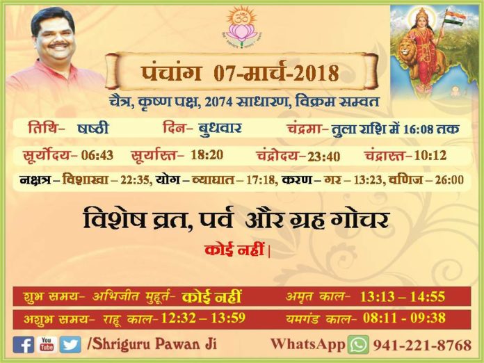 Panchang 2018 january, Shriguru Pawanji, Today's Panchang