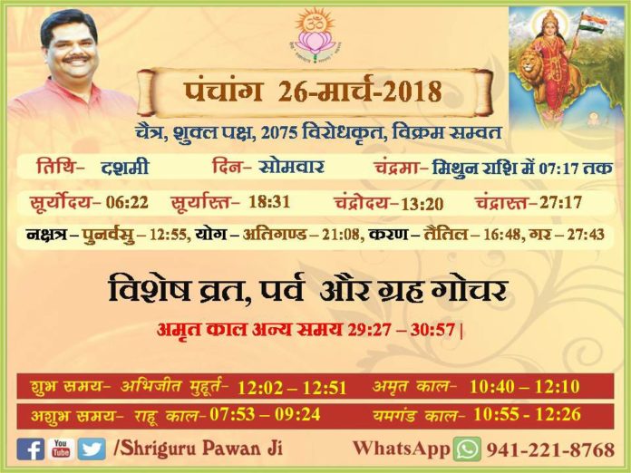 Panchang 2018, Shriguru Pawanji, Today's Panchang